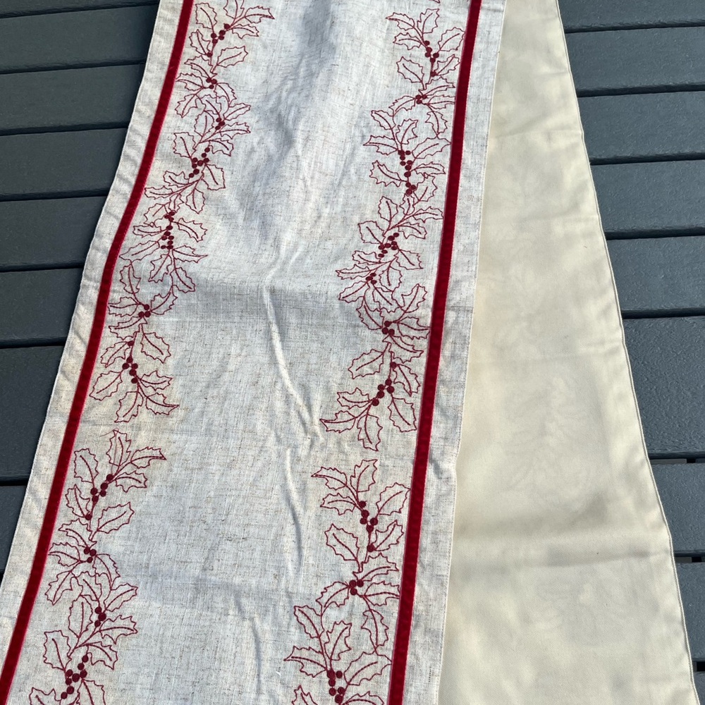 Cream Table Runner; Red Embroidered Floral Details; Minor Visible Wear; 13x90in